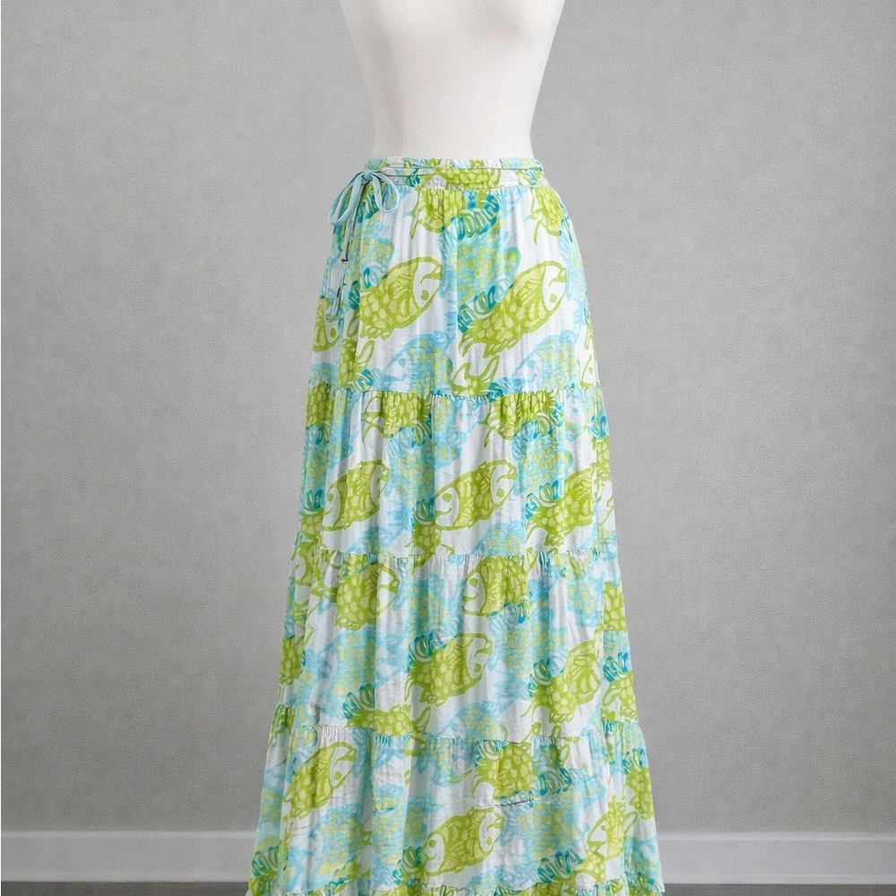 Lilly Pulitzer Off The Hook Maxi Skirt M Fish Print Cotton lurex  green blue